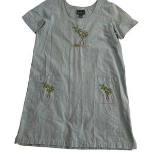 Vintage Embroidered Tropical Palm Short Sleeve Denim Blue J. Shift Dress Size M